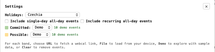 Configuration controls showing a country dropdown (for public holidays) and two inputs for selecting the committed and possible calendar sources.