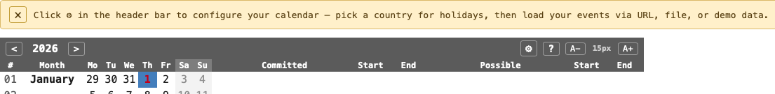 A first-run welcome banner that tells the user to use the gear icon to configure the app.